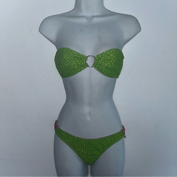 Volcom 2 pc Bandeau Bikini XS Swimsuit Reversible Pink Green Set - Picture 2 of 12